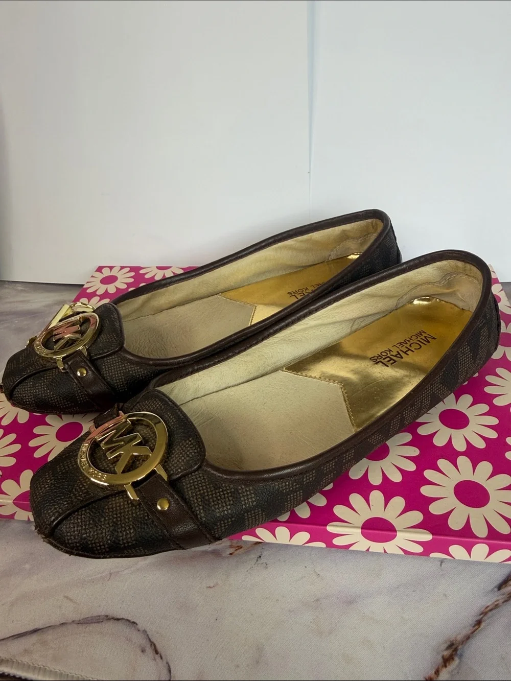 Michael‎ Kors Brown Logo-Print Ballet Flat with Gold MK Emblem